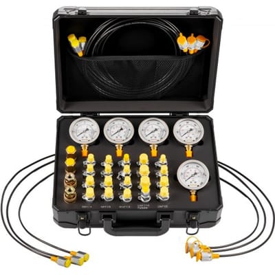 VEVOR hydraulische druktestset, 10 / 60 / 160 / 400 / 600 bar, hydraulische meetapparatuurset incl. 5 manometers, 20 koppelingen, 4 snelkoppelingen, 3 slangen voor graafmachines en bouwmachines.