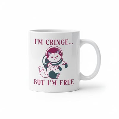 Grappige Tekst Mok “I’m Cringe… But I’m Free” – Schattige Astronaut Vos – Humoristische Cadeaumok – 330 ml
