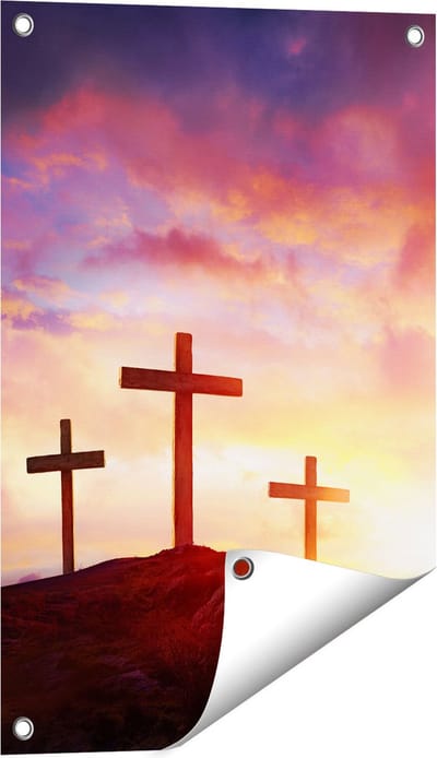 Gards Tuinposter Kruisiging van Jezus Christus - Drie Kruisen - 40x60 cm - Tuindoek - Tuindecoratie - Wanddecoratie buiten - Tuinschilderij