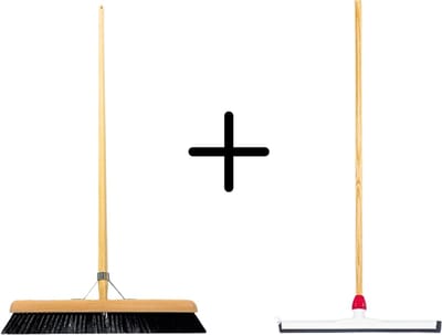 Synx Tools Paardenhaar 50cm + Vloertrekker Kunststof 45cm met Steel 120cm – Zaalveger – Vloerreiniger – Natuurrubber – Zachte binnenbezem met steel 150cm
