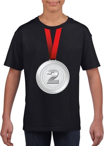 Zilveren medaille kampioen shirt zwart jongens en meisjes - Winnaar shirt Nr 2 kinderen 110/116