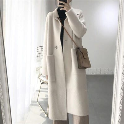 Winter Wild Mohair Warmth Dikke Imitatie Nerts Wol Dames Losse Cardigan Middellange Over De Knie Dikke Jas Windjack Dames Breiwerk XL beige