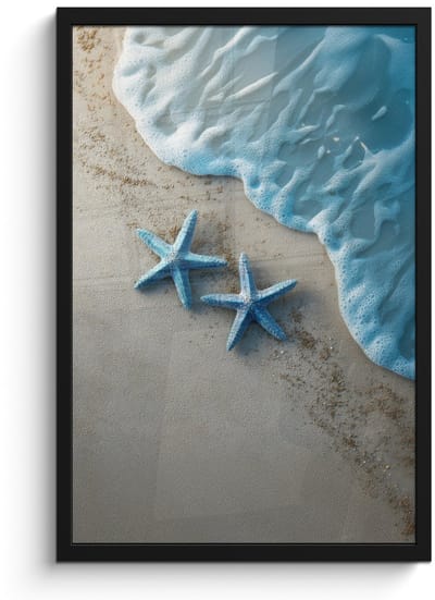 Poster in lijst - Fotolijst 40x60 cm - Posters - Zeesterren - Zand - Zee - Blauw - Posterlijst zwart - Decoratie - Wanddecoratie woonkamer - Muurdecoratie slaapkamer