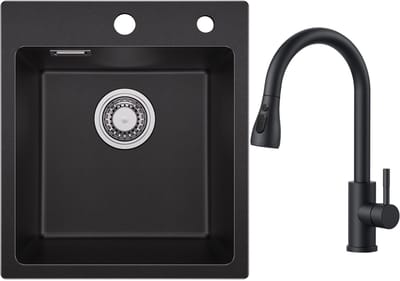 SOFETIY MAX Granieten spoelbakken 40*45cm - Spoelbak Keuken Zwart - Enkele Spoelbak Met Keukenkraan met Uittrekbare Uitloop - Gootsteen Met Waterafvoersysteem - Wasbak Keuken