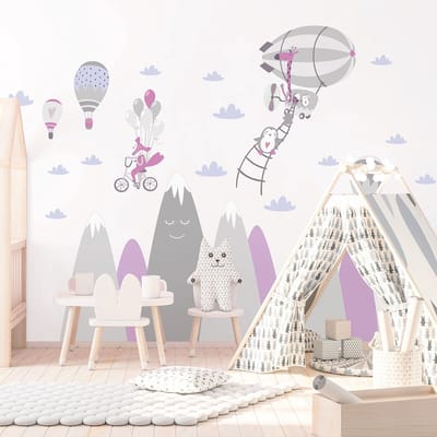 Kinderstickers met Scandinavische bergen en grappige dieren, 110 x 165 cm