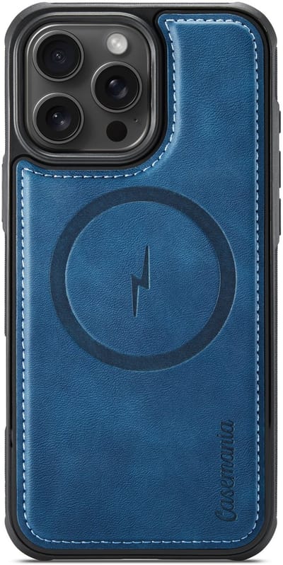Casemania Hoesje Geschikt voor Apple iPhone 16 Pro - Navy Blue - Magnetische Telefoonhoesje Compatibel met MagSafe - Kunstleer Back Cover met Anti-Slip Grip Randen