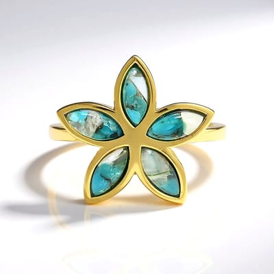 Cavill - Zilveren Ring met Vergulde Turquoise Mozaiek Marquise Cabochon - 925 Sterling Zilver - 1 85 ct - Elegant Bloemmotief - Ringen voor Dames