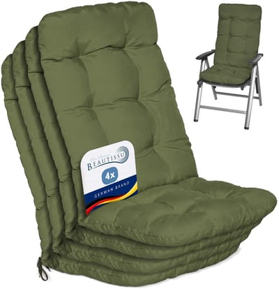 Beautissu Flair HL Stoelkussen Set 4x Hoge Rugleuning 120x50x8 cm Olijfgroen – Tuinstoelkussen