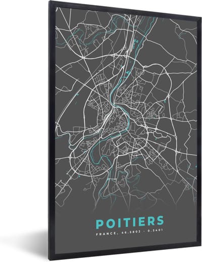 Fotolijst incl. Poster - Poitiers - Frankrijk - Plattegrond - Kaart - Stadskaart - 40x60 cm - Posterlijst