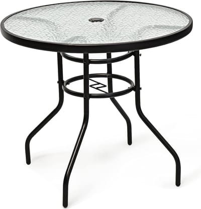 KOMFOTTEU Ronde tuintafel φ80cm, bistrotafel van metalen frame en glas, balkontafel met parasolgat, glazen tafel, bijzettafel, koffietafel, weerbestendig voor binnen en buiten