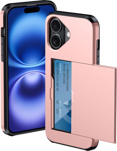 Hoesje Geschikt voor iPhone 16 Hoesje Met Pasjeshouder Hard Case Met Kaarthouder - Hoes Geschikt voor iPhone 16 Hoesje Pashouder Case - Rosé goud