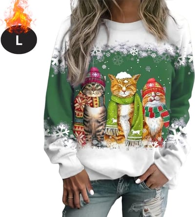 Bovista Kersttrui - Dames - Foute Kersttrui - Christmas Sweater - Kattenprint - Kerst Sweater - Christmas Jumper - Pyjama - Groen - L