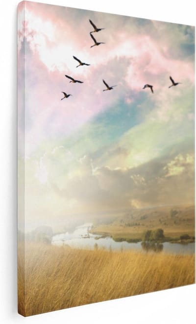 Artaza Canvas Schilderij Vogels - 30x40 cm - Klein - Wanddecoratie Zonsondergang - Muurdecoratie Landschap - Kamer Accessoires Natuur