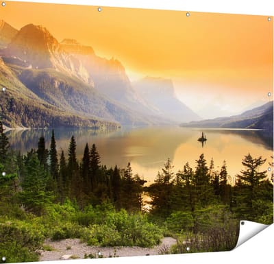 Gards Tuinposter Bergen met een Meer in Nationaal Park Glacier - 150x120 cm - Tuindoek - Tuindecoratie - Wanddecoratie buiten - Tuinschilderij