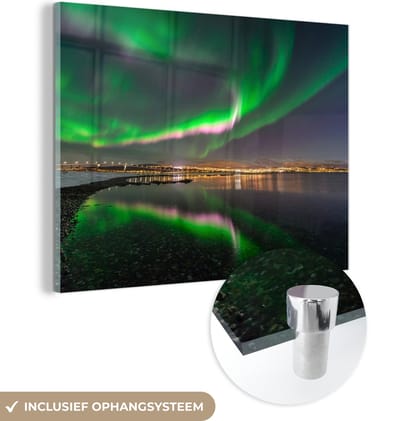 MuchoWow® Glasschilderij 160x120 cm - Schilderij acrylglas - Noorderlicht - Nacht - Roze - Foto op glas - Schilderijen