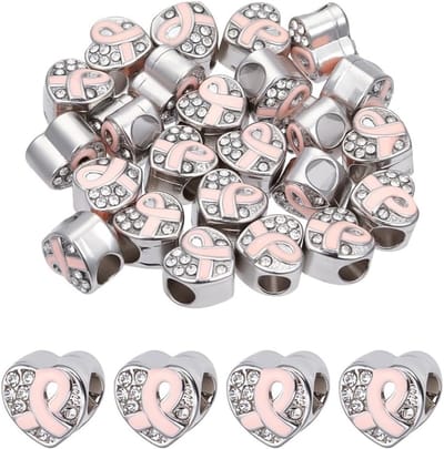 24 Stuks Roze Ribbons Kralen voor Borstkankerbewustzijn, met Strass Steentjes en Grote Gaten voor Armband en Ketting, DIY Sieraden Maken, Gat: 4mm