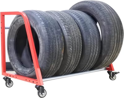 Bandenrek - Bandenopslag - Garage Organiseren - Verplaatsbaar met wielen - Ruimte voor 4 banden - Rood