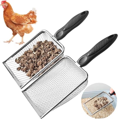 Kippenmestschep - 2-pack kippenhokschep met 3,8 mm en 5 mm maaswijdte, metalen kippenhokreinigingsgereedschap, zeefhark voor kippenmest, zand en hokbenodigdheden
