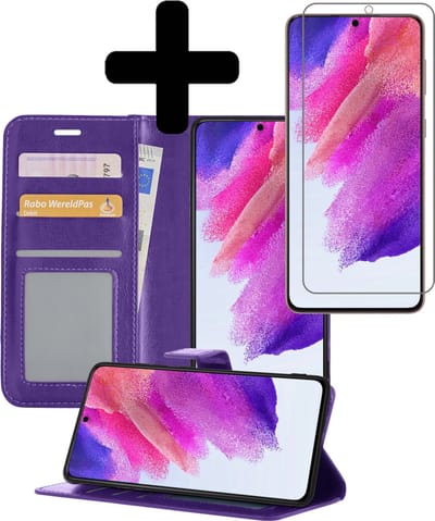 Hoesje - Met Screenprotector - Geschikt voor Samsung Galaxy S21 FE - Luxe Pasjeshouder - Bookcase Portemonee - Flip Case - Kunstleer Book Case - Flipcase - Book Cover - Walletcase - Portemonneehoes - Telefoonhoesjes - Paars