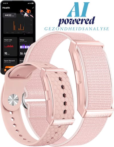 Shrivasta Activity Tracker Plus | armband met AI-Gezondheidsanalyse & Lichaamstemperatuur meting | Dames & Heren | Roze | Hartslag | SpO₂ | Slaapmonitor | Stress | Menstruatiecyclus | Inclusief 2 Armbanden (siliconen & Nylon) – Waterdicht