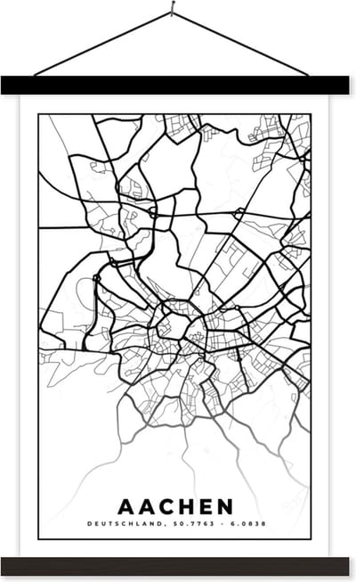 Posterhanger incl. Poster 40x60 cm - Schoolplaat - Aachen - Plattegrond - Stadskaart - Kaart - Textielposter - Zwarte latten - Stadskaart