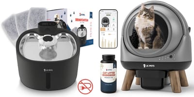 JC Pets Automatische Kattenbak XXL 65L met RVS Draadloze Drinkfontein incl. 3 Filters – Zelfreinigende Slimme & Stille Kattenbak met App – Uitloopmat & Geurverdrijver – Veiligheidssensoren – 8L Afvalbak – Geschikt voor Meerdere Katten – Modern Design