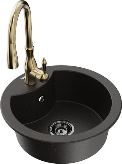 Mexen Diego granieten spoelbak met 1 bak en Savita keukenkraan, zwart/gouden metallic - 6512-75-672601-50-B