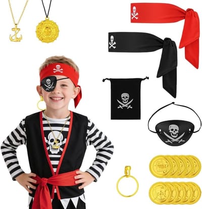 Piraten kostuumaccessoire set voor rollenspel met hoofddoek, ooglapje, oorbel, ketting, gouden munten en geldzak voor Halloween en verkleedfeest