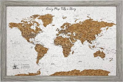 Kurken Wereldkaart - Prikbord Kaart - Reizen Plannen - Met Houten Frame - 54 x 36 cm - Grijs