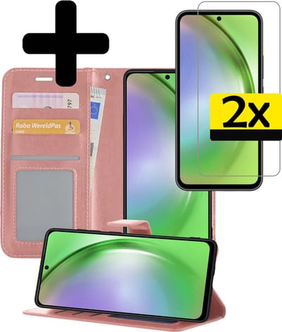 Hoesje - Met 2x Screenprotector - Geschikt voor Samsung Galaxy A54 - Luxe Pasjeshouder - Bookcase Portemonee - Flip Case - Kunstleer Book Case - Flipcase Hoes - Book Cover - Walletcase - Portemonneehoes - Telefoonhoesjes - Rosé goud