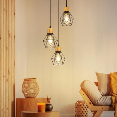 Glitzerlife - Hanglampen - Vintage Industriële Stijl - 3xE27 - Hoogteverstelbaar - Metaal Hout Materiaal- Zwart - Hanglamp Eetkamer Woonkamer Keuken - Hanglampen Eetkamer Industrieel