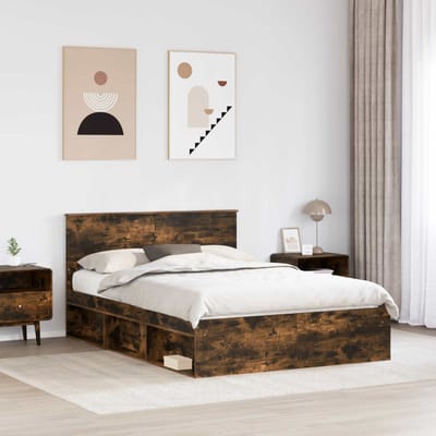 vidaXL - Bedframe - met - hoofdeinde - Rook - Eiken - 140 - x - 200 - cm - Bewerkt - hout