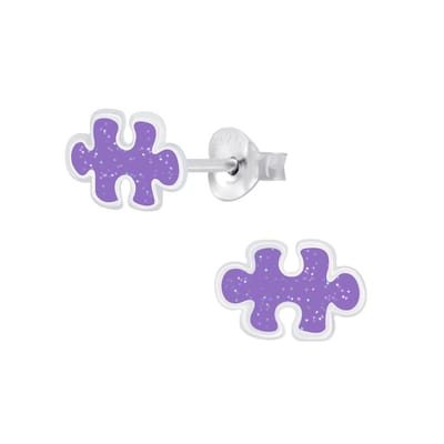 Joy|S - Zilveren puzzel oorbellen - glitter paars - puzzelstukje oorknoppen