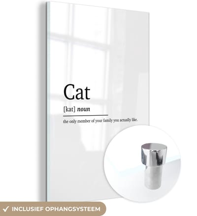 MuchoWow® Glasschilderij 120x180 cm - Schilderij acrylglas - Quotes - Kat definitie - Cat - Spreuken - Woordenboek - Foto op glas - Schilderijen