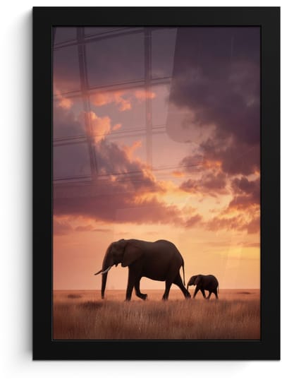 Poster in lijst - Fotolijst 20x30 cm - Posters - Olifanten - Grasland - Zonsondergang - Posterlijst zwart - Decoratie - Wanddecoratie woonkamer - Muurdecoratie slaapkamer