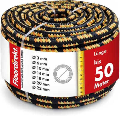 FLOORDIREKT Polypropyleen Touw K2 - Scheurvast, UV-bestendig & Drijvend Touw - Dikte: 18 mm - Lengte: 100 m - Zwart-Oranje - voor Algemeen Gebruik - voor Tuin, Camping, Boot & Landbouw - Verkrijgbaar in Vele Kleuren, Diktes & Lengtes