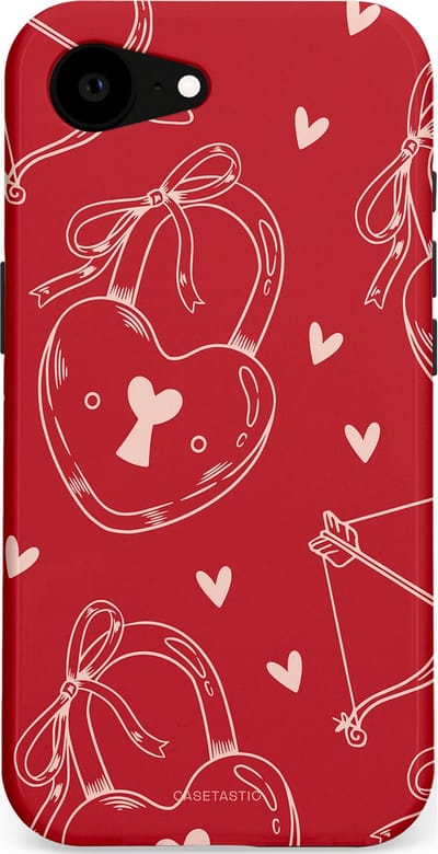 Casetastic Hoesje Geschikt voor Apple iPhone 16e Magsafe - Stijlvolle Beschermende Duo-layer Case - Hartendief - Liefdes Slotjes - Valentijn - Valentine - Love - Rood Wit