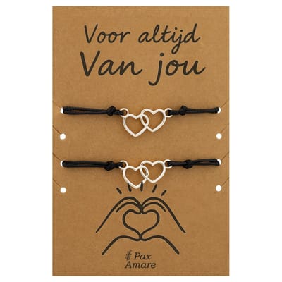 Koppel Armbandjes voor 2 "Voor altijd van Jou" - Verbonden Hartjes - Vriendschapsarmbandjes met Valentijn Cadeau Kaartje - Zilverkleurig - Elastisch Verstelbaar - Pax Amare