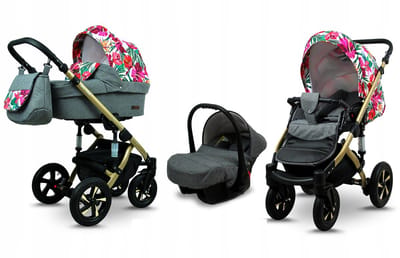 BabyLux® Kinderwagen 3in1 – SKY LARK - Grey Flex Hibiscus GOLD FRAME - Opklapbare Wandelwagen incl. Reiswieg, Multifunctionele Buggy Sportstoel, Autostoel - Combi-kinderwagen met Luiertas, Regenhoes, Klamboe, Bekerhouder, etc.
