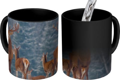 Magische Mok - Foto op Warmte Mokken - Koffiemok - Hert - Winter - Sneeuw - Bosdieren - Bos - Natuur - Magic Mok - Beker - 350 ML - Theemok