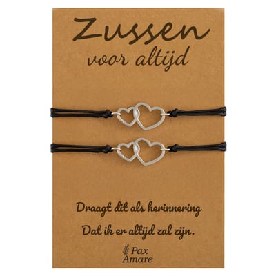 Vriendschapsarmbandjes voor 2 "Zussen voor altijd" - Verbonden Hartjes - Sisters Armbandjes met Cadeau Kaartje - Zilverkleurig - Elastisch Verstelbaar - Pax Amare
