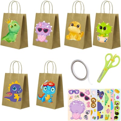 Dailygoods- Feestzakjes Dinosaurus - 6 Stuks - Herbruikbare Papieren Zakjes - Geschenkzakken - Kinderfeest - 21 x 15 x 8 cm - Sterke Draagtassen - Geschenkzak
