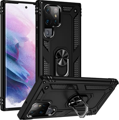 MobyDefend Hoesje - Geschikt voor Samsung Galaxy S22 Ultra - Pantsercase Met Draaibare Ring - Zwart