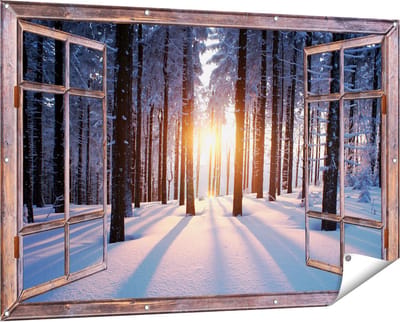 Gards Tuinposter Doorkijk Bos met Sneeuw tijdens de Zonsondergang - 150x100 cm - Tuindoek - Tuindecoratie - Wanddecoratie buiten - Tuinschilderij