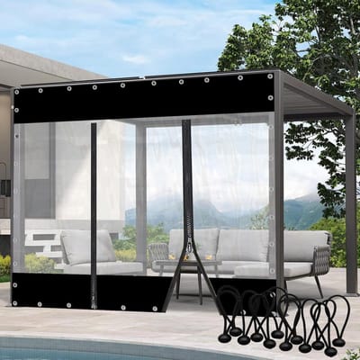 Waterdicht PVC Zeildoekpaneel - Buitengordijn met Rits - Terras Afschermen - Transparant Middenpaneel - 35 x 3 m - Zwart