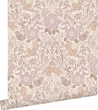 ESTAhome behang bloemen en vogels zand beige en lila paars - 53 cm x 10.05 m - 139829