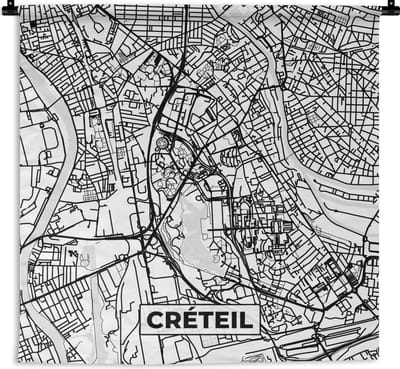 Wandkleed - Wanddoek - Stadskaart - Frankrijk - Créteil - Kaart - Plattegrond - Zwart wit - 180x180 cm - Wandtapijt