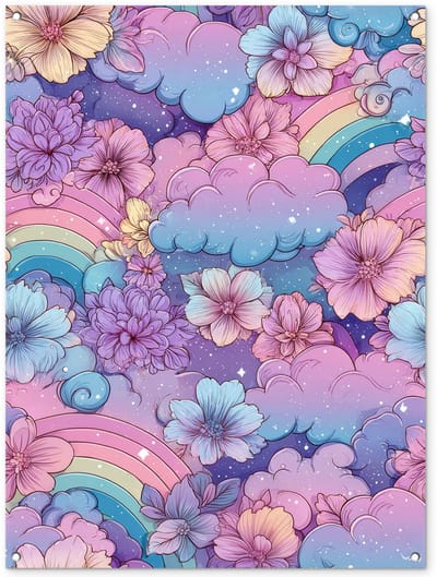 Tuinposter 90x120 cm - Tuindecoratie Regenbogen - Bloemen - Kleurrijk - Wolken - Poster voor in de tuin - Buiten decoratie - Schutting tuinschilderij - Tuindoek muurdecoratie - Wanddecoratie balkondoek