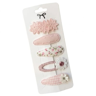 Roze bloemen haarspeld set – zachte textiel haarclips voor meisjes – bloemmotief en pastel haarspeldjes – schattige clipset met florale details – set van 5 stuks