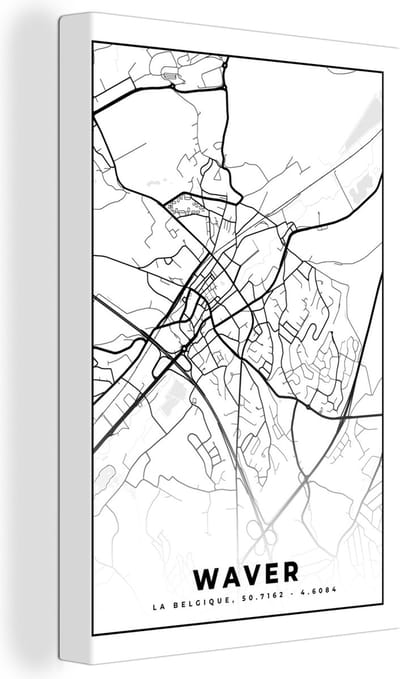 Canvas Schilderij Plattegrond – Waver – Zwart Wit – Stadskaart - Kaart - België - 20x30 cm - Wanddecoratie